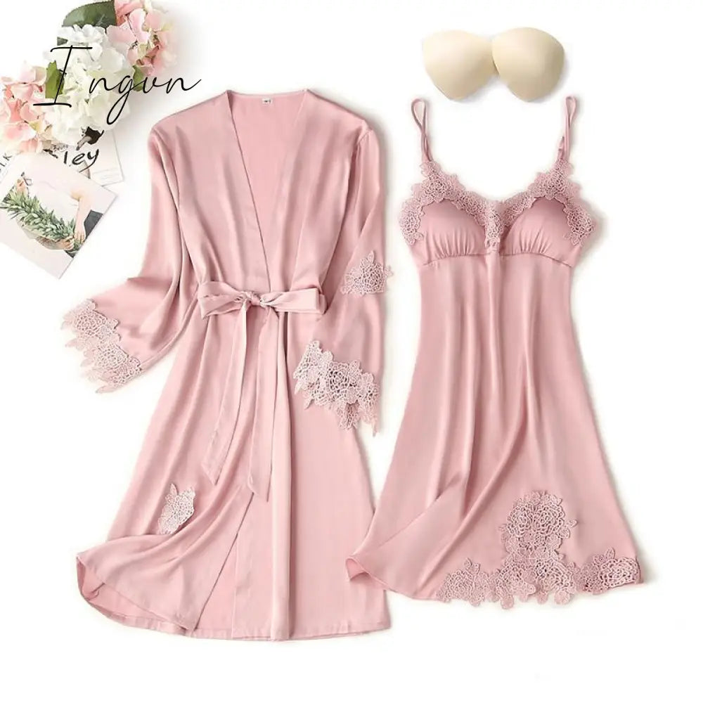 Ingvn - Lace Trim Sexy Wedding Lady Robe Suit Loose Satin Bride Bridesmaid Kimono Bathrobe Gown Mini Sleepwear Rayon Intimate Lingerie