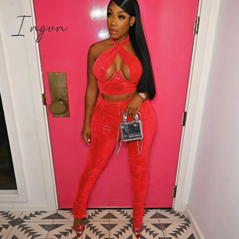 Ingvn - Sexy Bright Women 2-Piece Suits Criss Cross Halter Camisole Tops+Skinny Split Pants Sportswear Female Night Clubwear