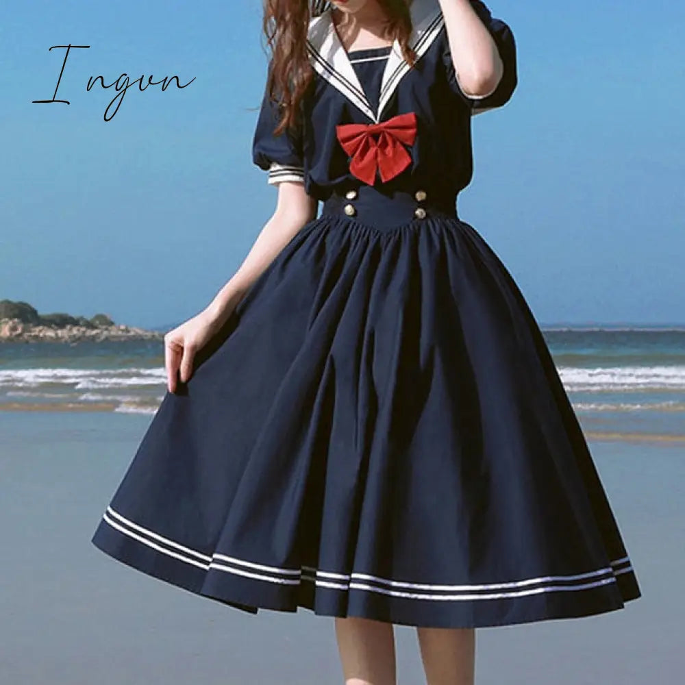 Ingvn - Harajuku Sailor Collar Navy Dress Japanese Lolita Sweet Bow-knot Girl Retro Cotton Kawaii Preppy Style Short Sleeve Dress Women