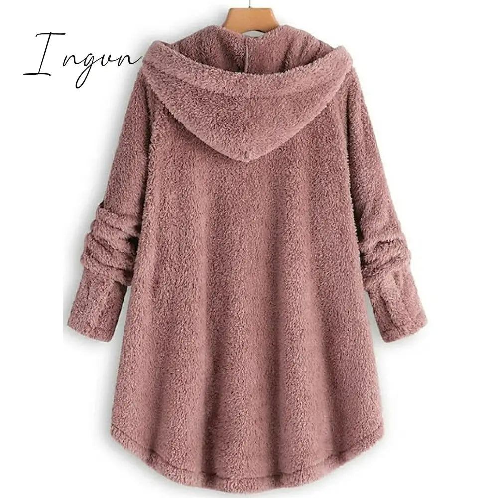 Ingvn - Women's Fleece Jacket Pullover Sherpa Fleece Teddy Button Front Pocket claret turmeric Black Solid Color Street Hoodie Plus Size Long Sleeve Fleece
