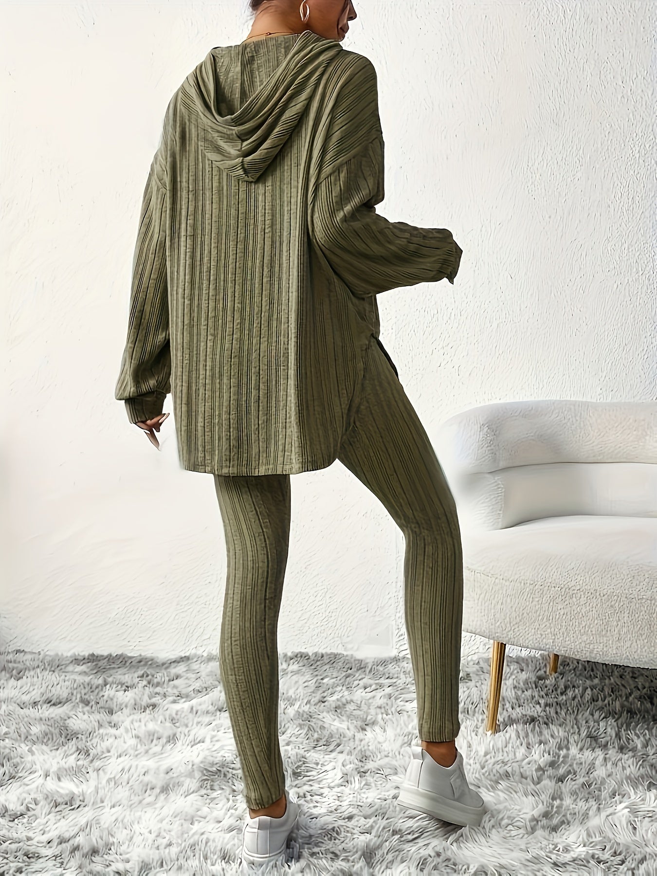 Sleek Duo, Elegant Solid Color Ribbed Hoodie & Leggings Set for Women - Long Sleeve, Polyester Blend, Machine Washable - Perfect for Spring/Fall