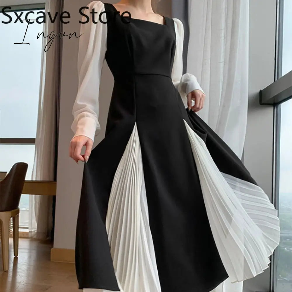 Ingvn - Office Lady Black Elegant Dress Women French Vintage Midi Dress Casual Party One Piece Dress Korean Fashion Autumn Chic