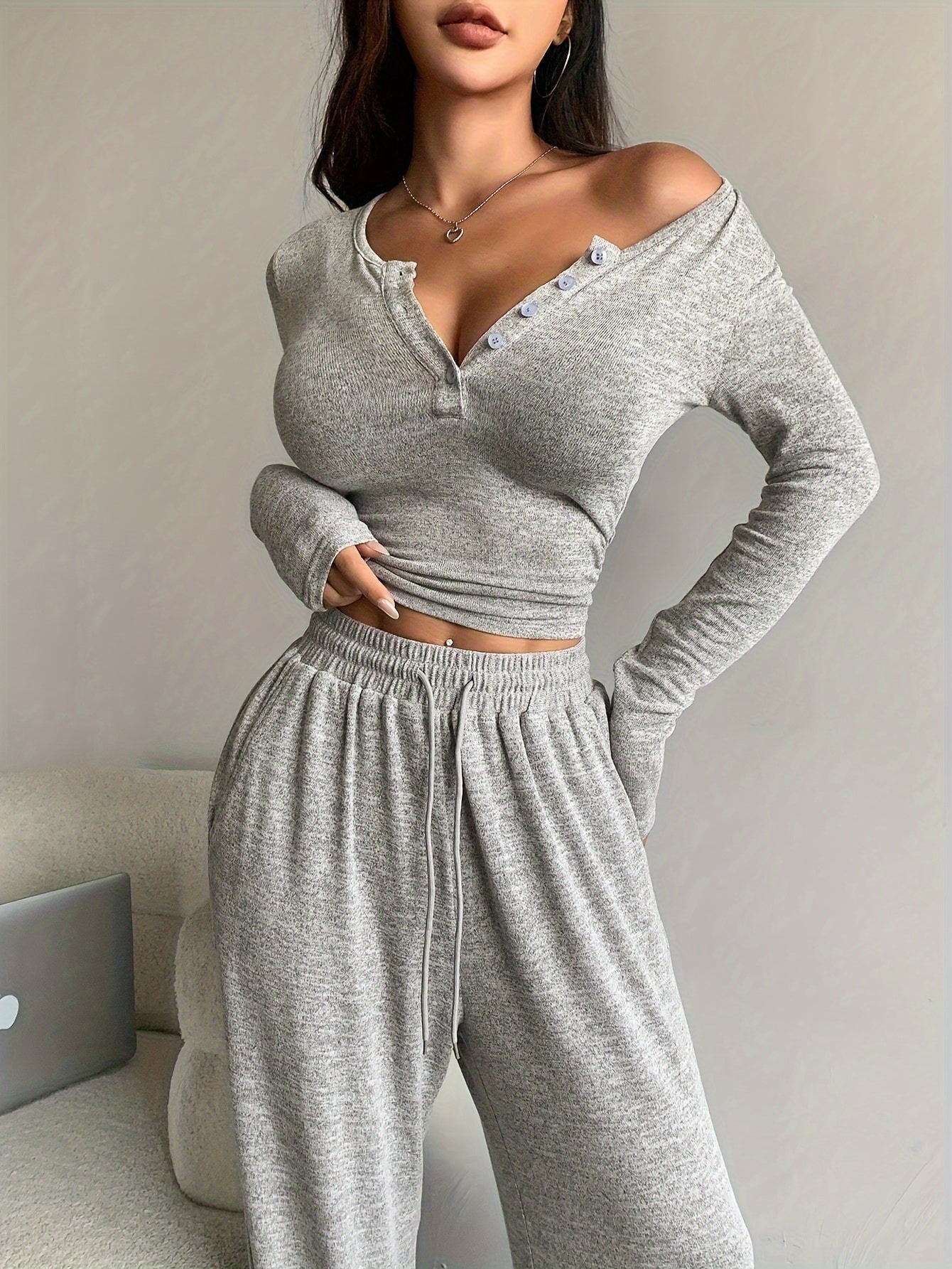 TWO-PIECE SET - Chic Long Sleeve Top with Button Front & Drawstring Waist Wide Leg Pants - Comfortable, Versatile, and Flattering Outfit for Women's Everyday Wear
