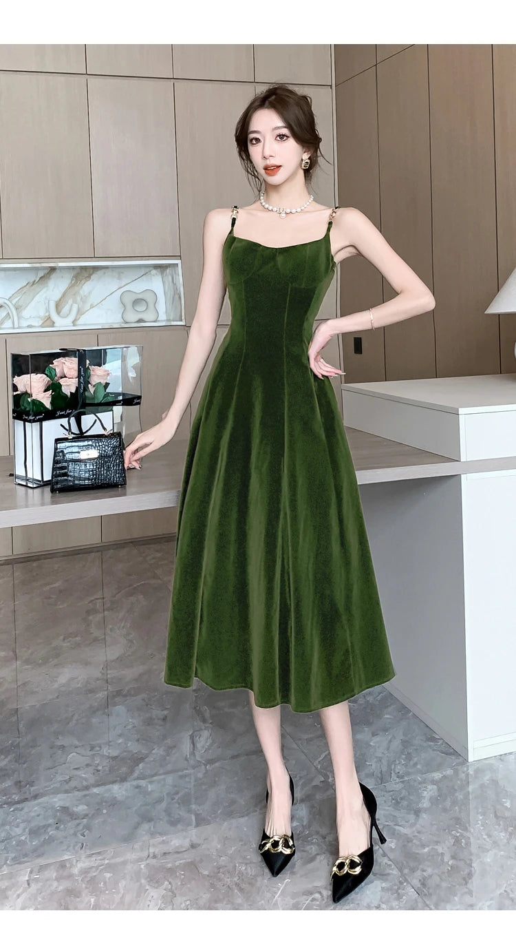 Elegant Party Sleeveless Velvet Midi Dresses for Women Autumn New Vintage Fashions A-line Slim Green Casual Female Clothing