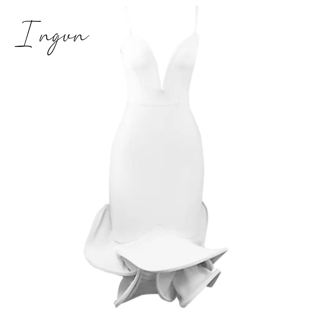Ingvn - High Quality Pink White Black Slip Ruffles Rayon Bandage Dress Elegant Evening Party Dress