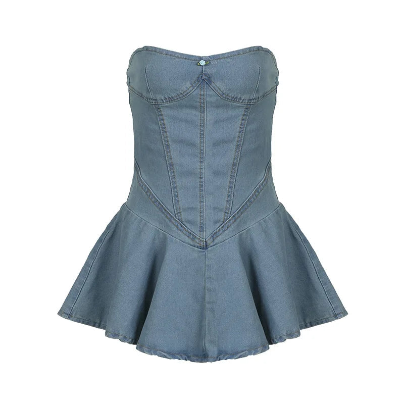 Chest Wrap Sexy Dress Women Sleeveless Backless Split Splicing Tight Denim Mini Dress Thin Sexy Y2K A-word Denim Dress