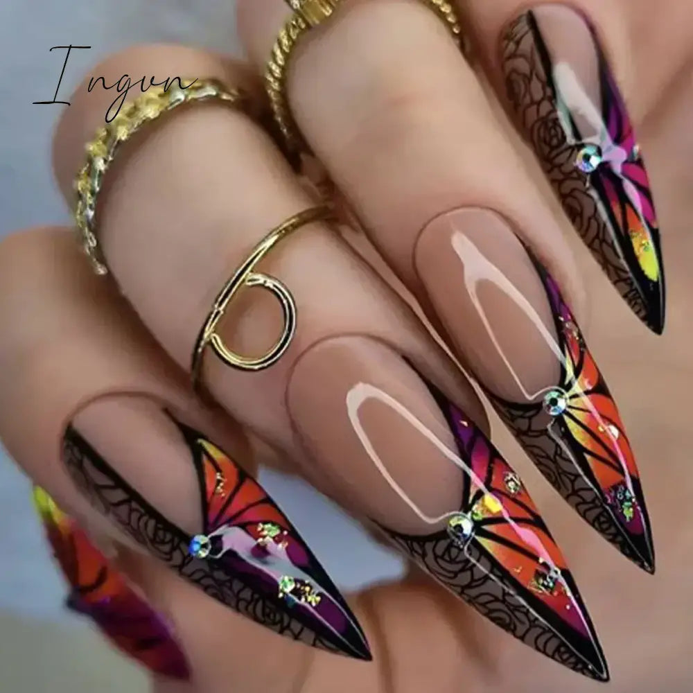 24Pcs False Nails With Glue Almond Pink Butterfly Design Detachable Rhinestones Acrylic Fake Nails long stiletto Press On Nails