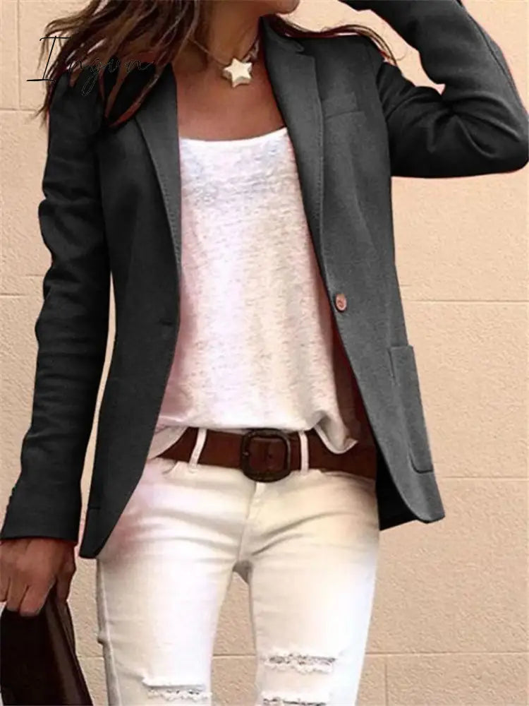 Ingvn - Women Solid Color Notched Collar Long Sleeves Blazer Coat