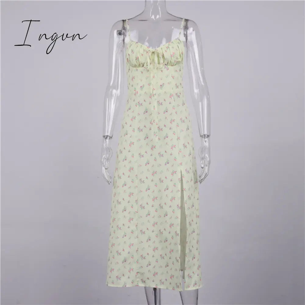 Ingvn - Wine Floral Dress Women Prairie Chic Spaghetti Straps Backless Chest Draped Lace Up Side Split Sexy Long Dresses