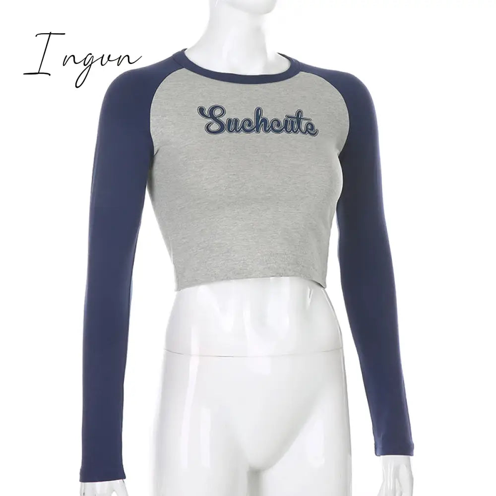 Ingvn - Patchwork Letter Print Casual Cotton Tshirt Women Fashion Long Sleeve Cropped T-shirt Ladies Skinny Basic Streetwear