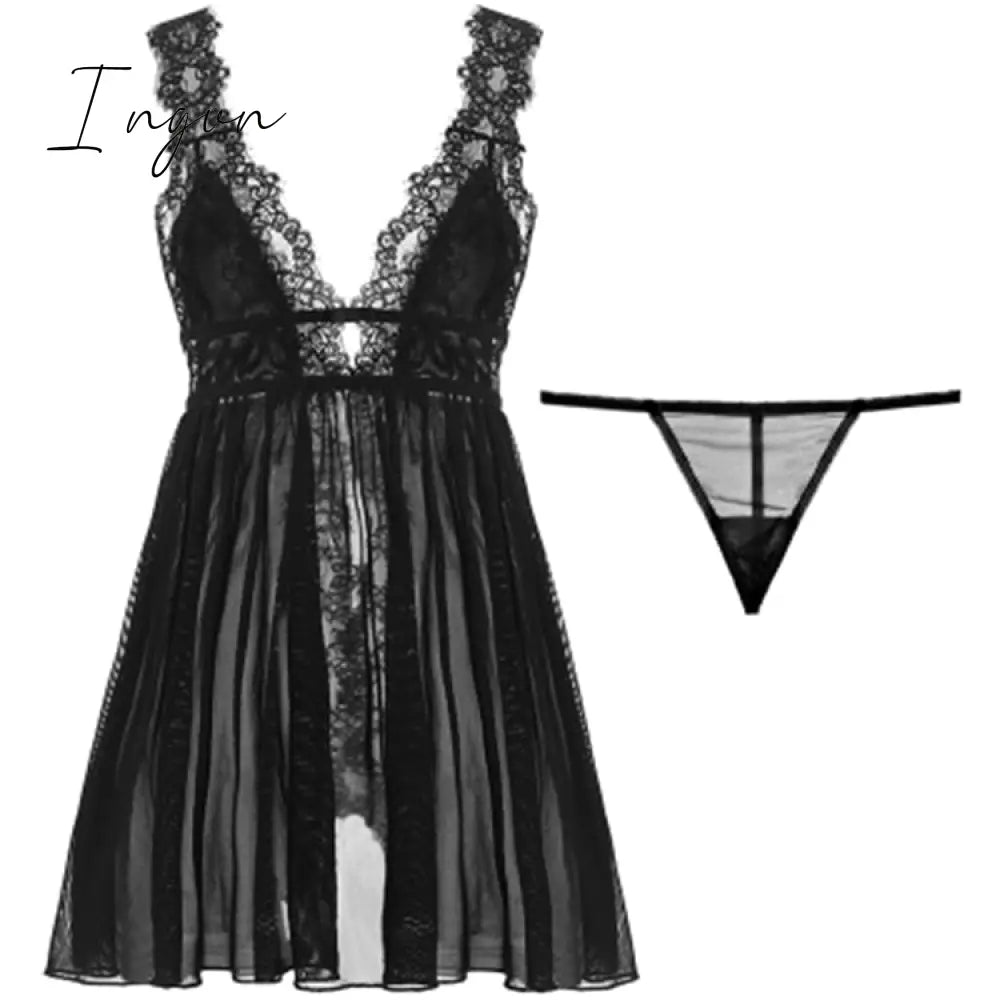 Ingvn - New Summer Womens Sleepwear V-Neck Sexy Nightdress Casual Nightgown Comfortable Lace Pajama Solid Color Bifurcation Nightwear