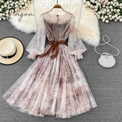 Ingvn - Sexy Mesh Printed Dress Women Spring Autumn Round Neck Puff Long Sleeve Ink Pattern A-Line Big Swing Vestidos Female New