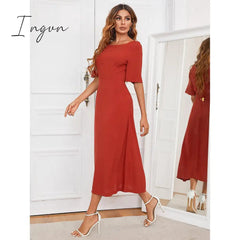 Ingvn - Hot Women's European and American Round Neck Solid Color Long Dress