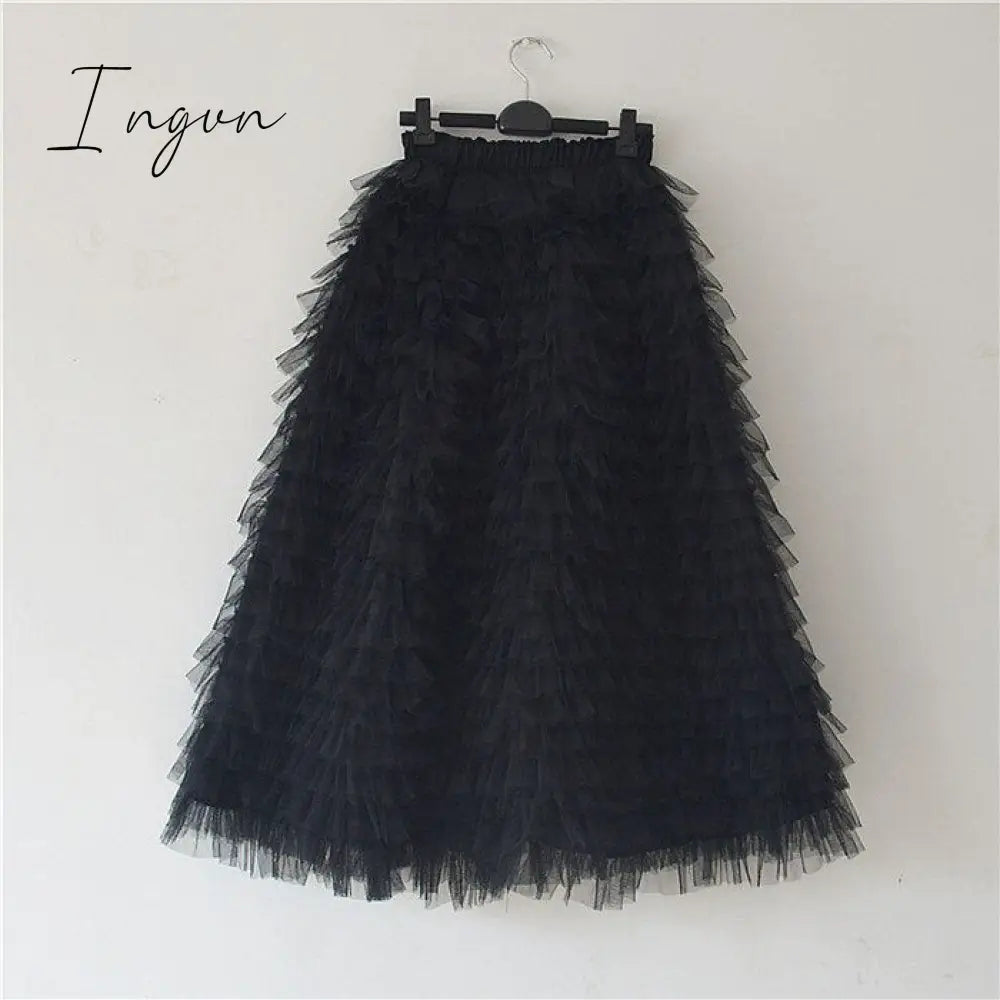 Ingvn - jupe femme Spring Party Skirt Elastic High Waist Long Tulle Skirt Women Multilayer ruffles Pink Mesh Tutu Skirt Ladies