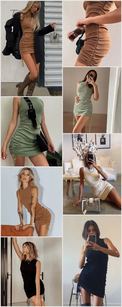 Ingvn - Cotton Ruched Drawstring Sexy Party Dress Women Sleeveless Elastic Mini Dress Vintage Summer Bodycon Club Wear Vestidos