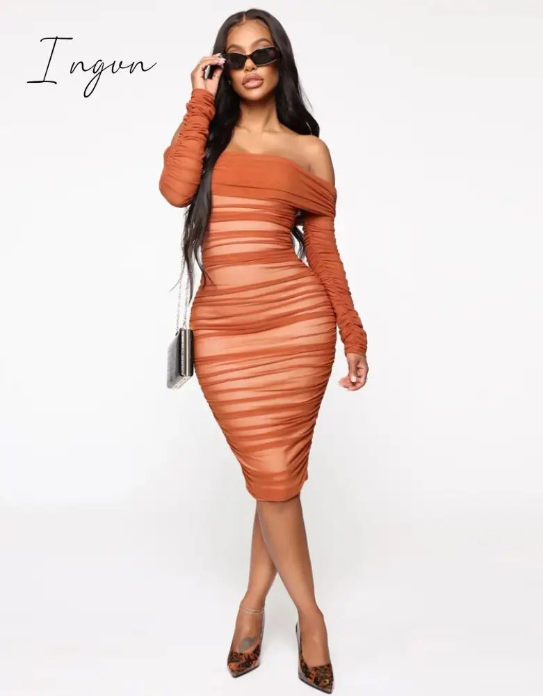 Ingvn - Trends high quality Off Shoulder Ruched Double Layer Mesh Dress Women Long Sleeve Sexy Dresses Ladies Autumn Party Long Christmas Dress