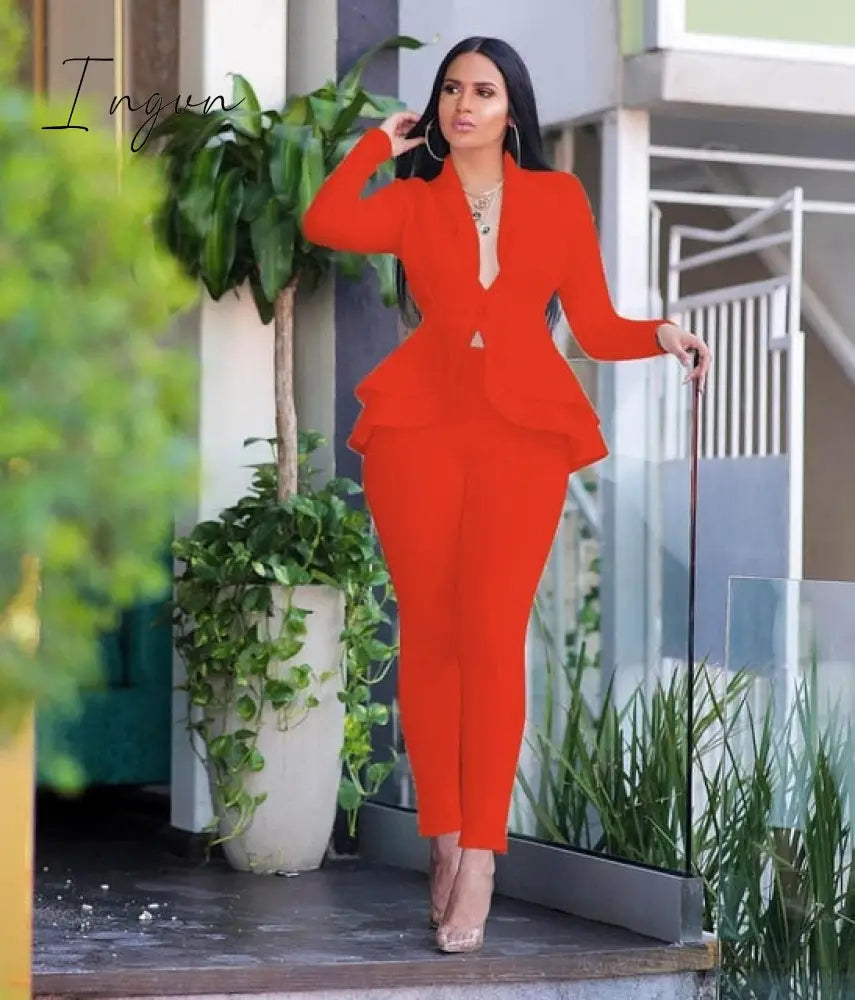 Ingvn - New Women Winter Women's Set Tracksuit Full Sleeve Ruffles Blazers Pencil Pants Suit Two Piece Set Office Lady Outfits Uniform
