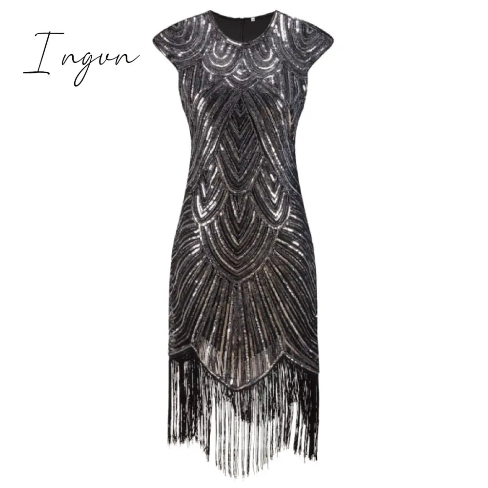 Ingvn - 1920s Flapper Dress Great Gatsby Dress O-Neck Cap Sleeve Sequin Fringe Party Midi Dress Vestido De Verano Summer Women Dress