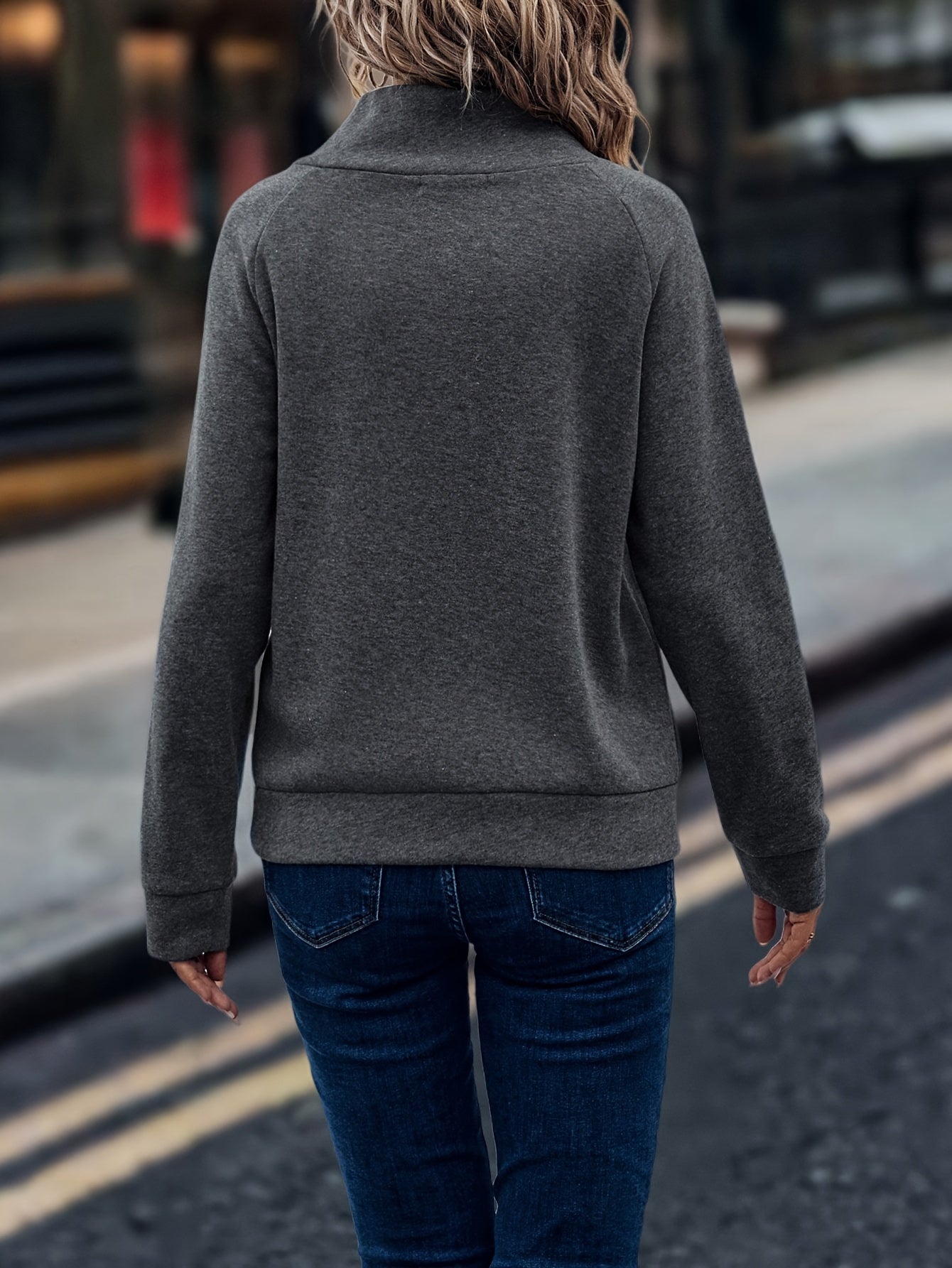 Solid Mock Neck Button Sweatshirt, Elegant Long Sleeve Sweatshirt For Fall & Winter, Women's Clothing