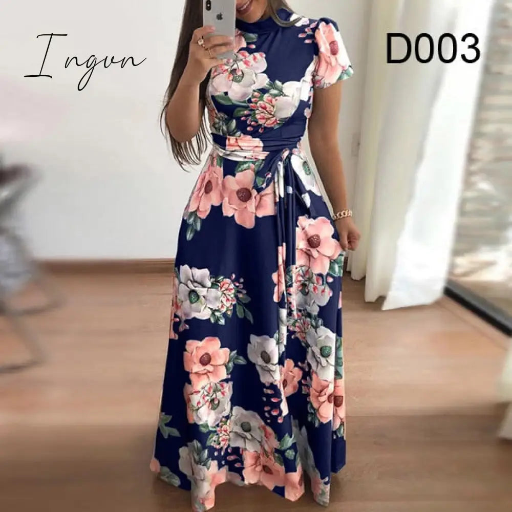 Ingvn - Flower Print Long Sleeve Maxi Dress Spring Autumn Casual Slim Sashes Long Dress Women Elegant Robe Party Dresses Plus Size S-5XL