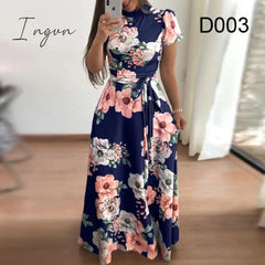 Ingvn - Flower Print Long Sleeve Maxi Dress Spring Autumn Casual Slim Sashes Long Dress Women Elegant Robe Party Dresses Plus Size S-5XL
