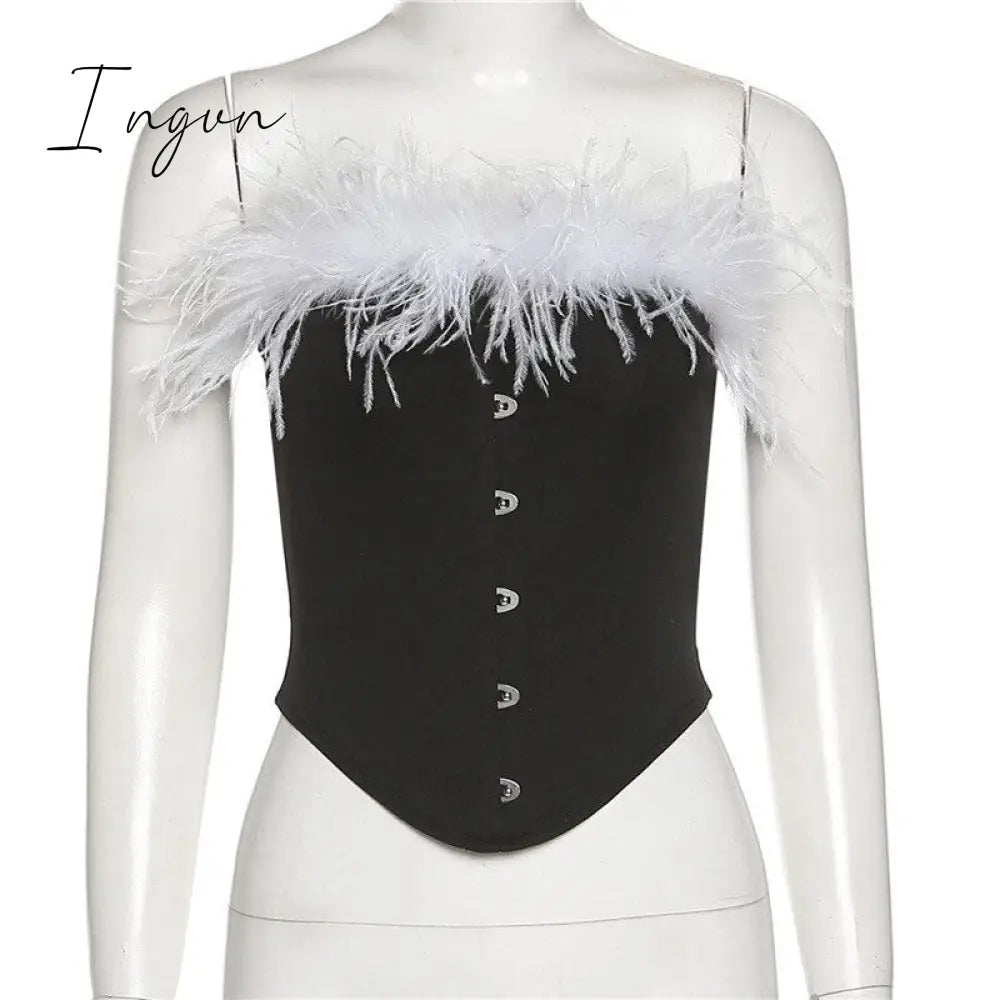 Ingvn - Tank Tops Tube Women Feather Corset Crop Top Girls White Black Off Shoulder Cami Tee Shirt Party Club Sleeveless Sexy