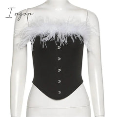 Ingvn - Tank Tops Tube Women Feather Corset Crop Top Girls White Black Off Shoulder Cami Tee Shirt Party Club Sleeveless Sexy