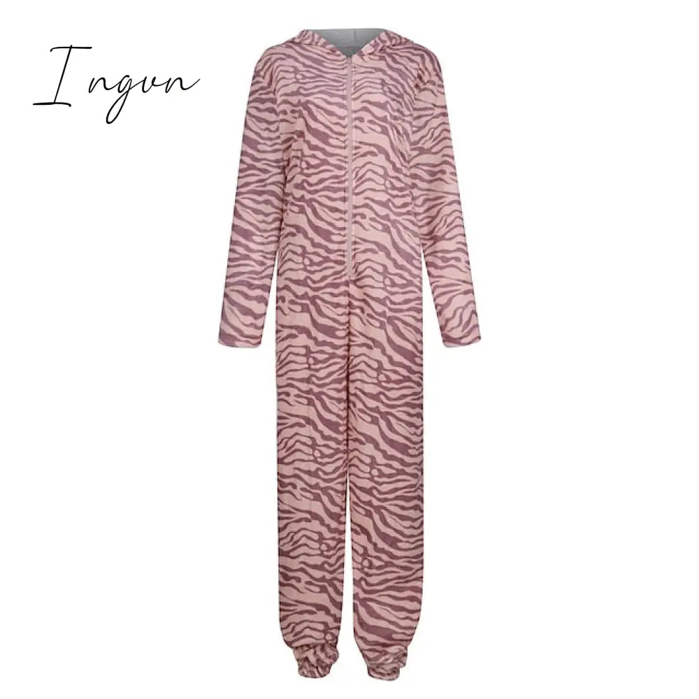 Ingvn - Women's Pajamas Jumpsuit Leopard Star Warm Comfort Plush Home Christmas Flannel Warm Breathable Hoodie Long Sleeve Pocket Fall Winter Leopard Print Moon blue