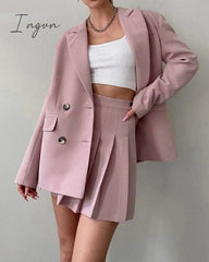 Ingvn - Suits and Pleated Skirts 2 Piece Set Women Spring Autumn Elegant Solid Outfits Sets Female Office Ladies Blazer Suit