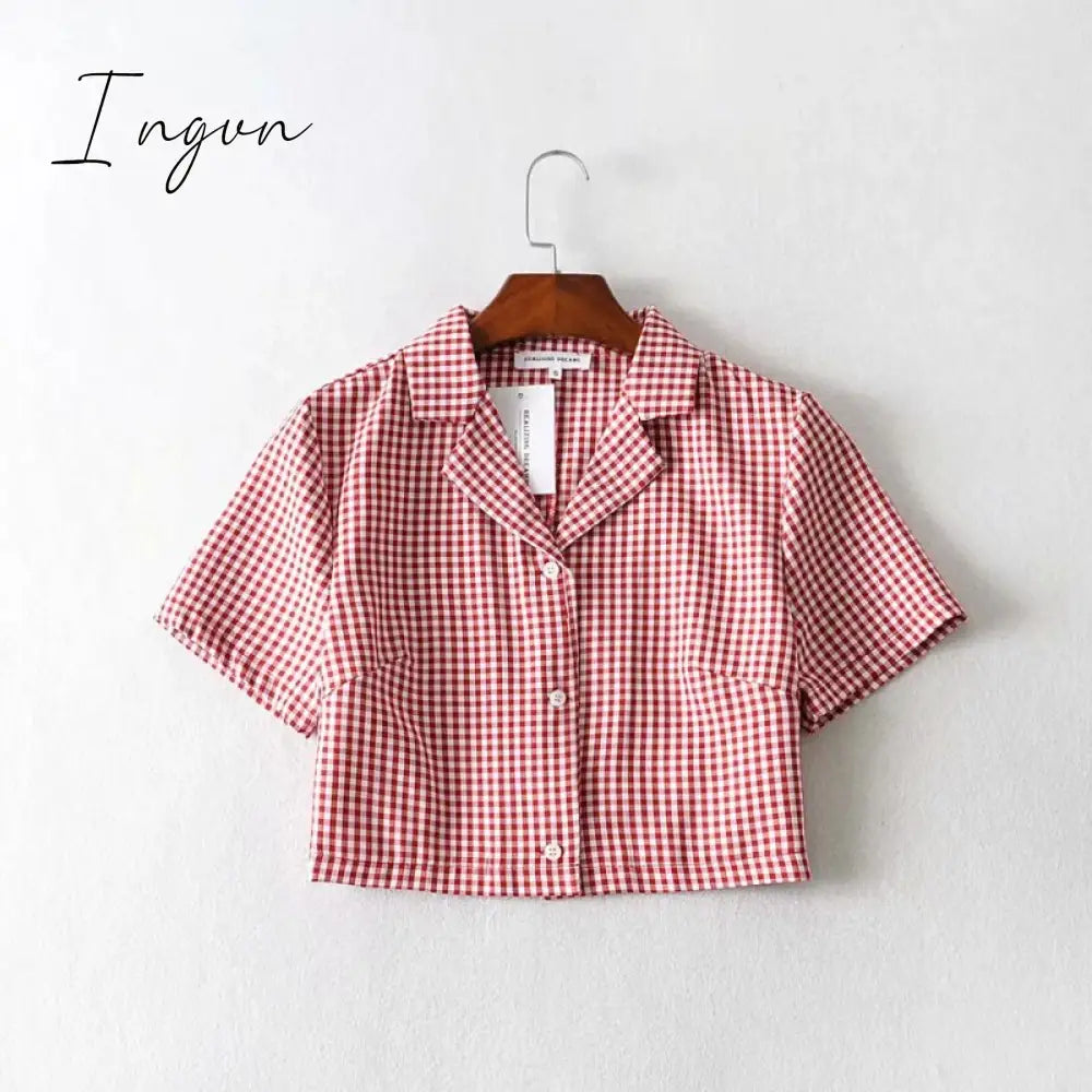 Ingvn - Summer blouse women vintage crop shirt streetwear plaid ladies tops elegant button up shirt korean crop top red