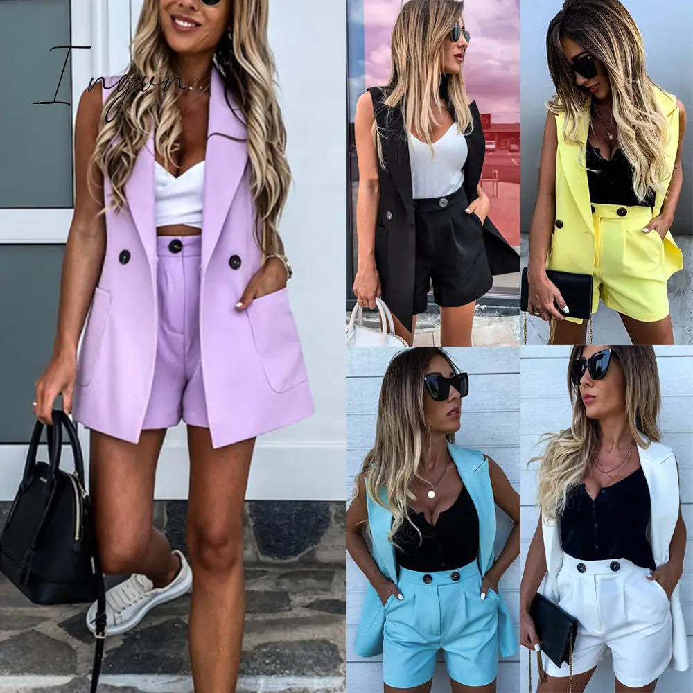 Ingvn - Women Sleeveless plaid button up elastic waist Blazer Top and pocket short Set Elegant Office Ladies Suits Women Workwear