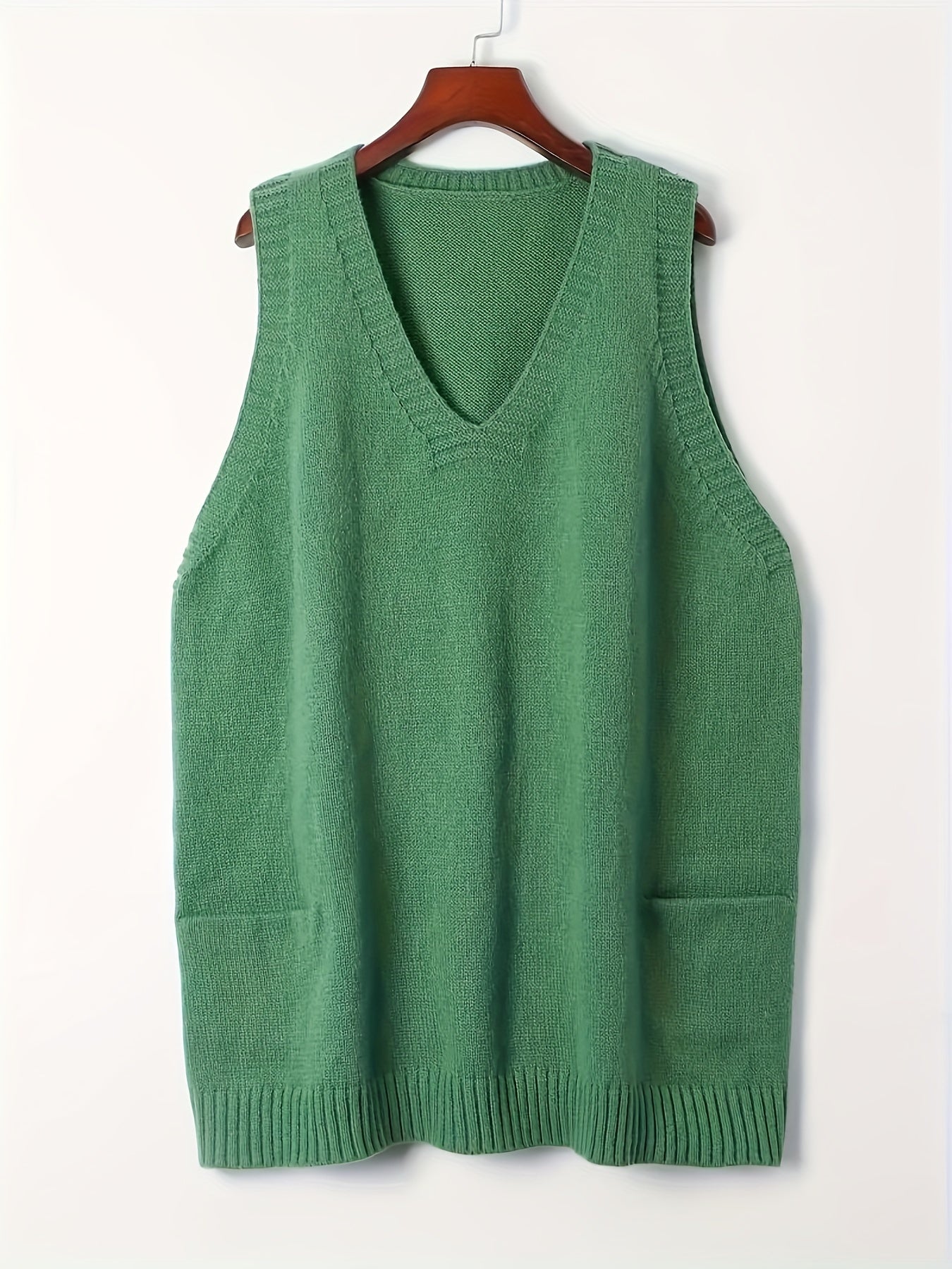 2024 Spring/Fall New Arrival V-Neck Knitted Vest with Pockets, Casual Large Size Pullover Cardigan, Solid Color, Polyester, No Bra Pad, for Casual Outings