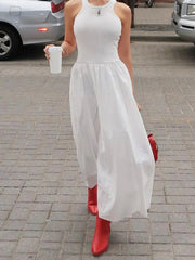 Ingvn  Fashion O-neck Sleeveless Long Tank Dresses for Women White  Summer Casual Office Lady High Waist A-line Black Holiday Dress