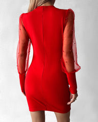 Beaded Mesh Long Sleeve Dress V-Neck Ruched Mini Cocktail Party Dress