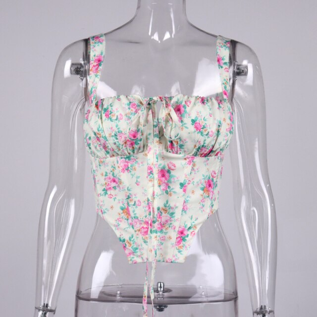 Black Floral Corset Women Summer Sexy Backless Boned Lace Up Crop Top Party Casual Wear Prairie Chic Print Tops  New