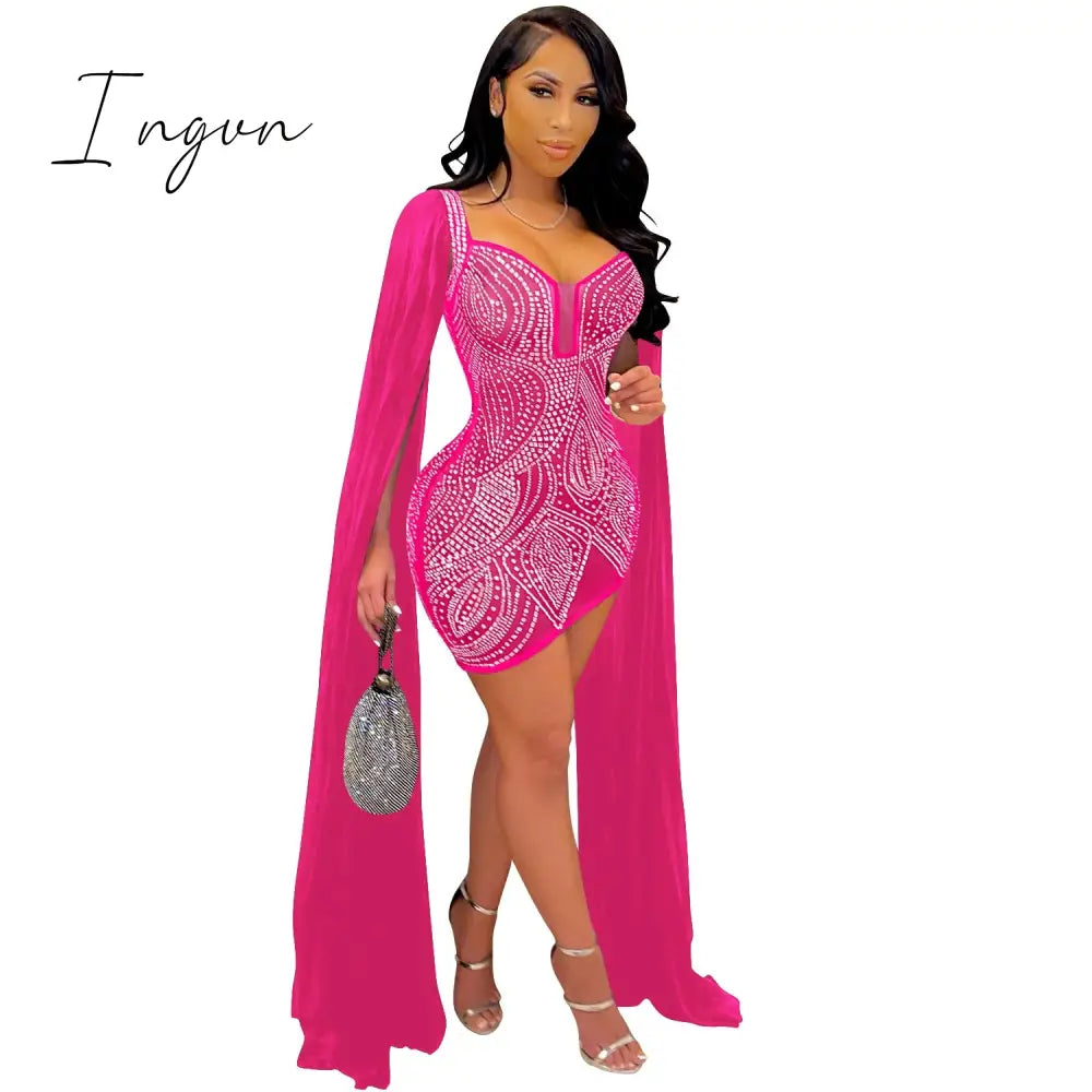 Ingvn - Sheer Mesh Diamonds Sequined Pearls High Split Long Dress For Women Straps Bodycon Long Vestidos Night Party Rhinestone Outfits