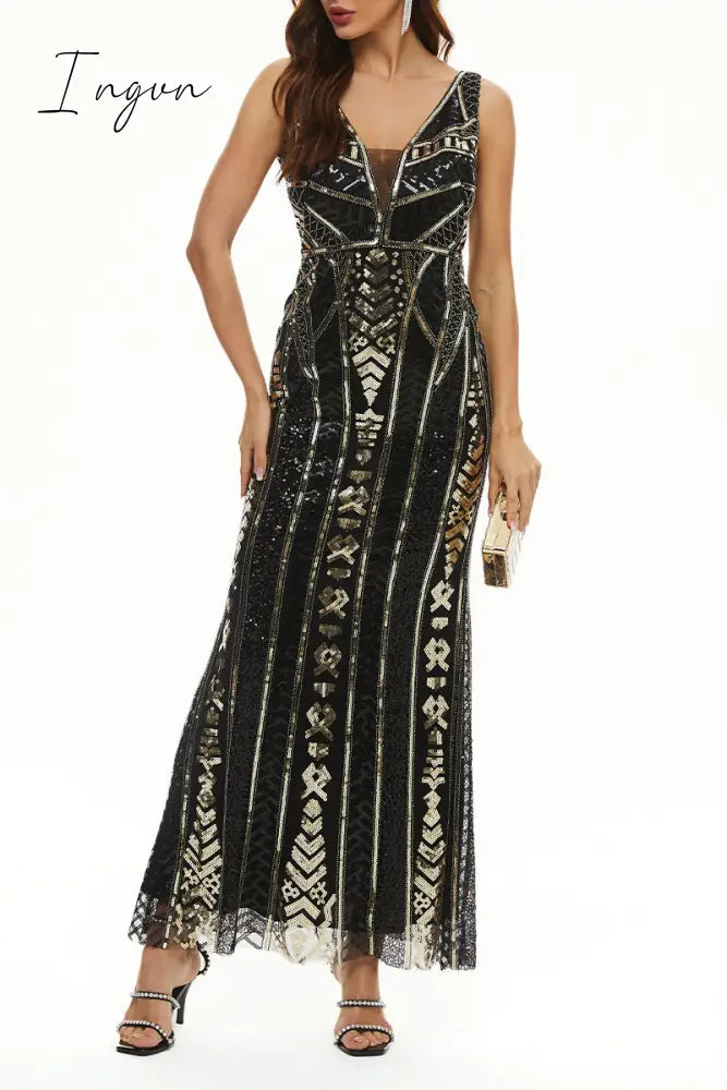 Ingvn - Elegant College Patchwork Sequins V Neck Evening Dress Dresses