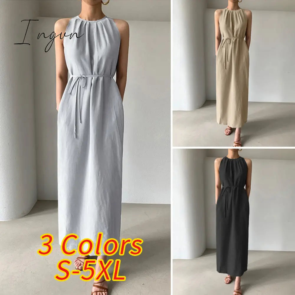 Ingvn - Sexy Sleeveless Summer Dress Sexy Ruffle Maxi Long Dress With Belt Women Bohemian Sundress Party Vestido Autumn Robe