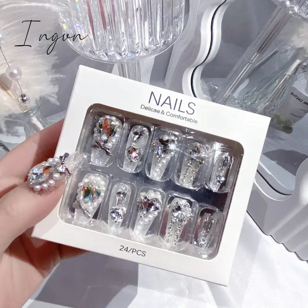 24PCS/Set Long Oval False Nails 3D Heart Sparkling French Press On Nails Pink Full Cover Fake Nail Crystal Gem Design Nails Tips