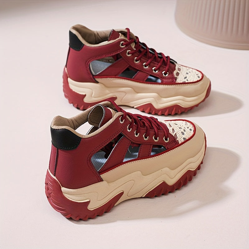 Fashionable Womens Platform Sneakers - Breathable Hollow Out Design - Lightweight Summer Shoes for Stylish Outdoor Adventures - Versatile Lace-Up High Tops for All-Day Comfort