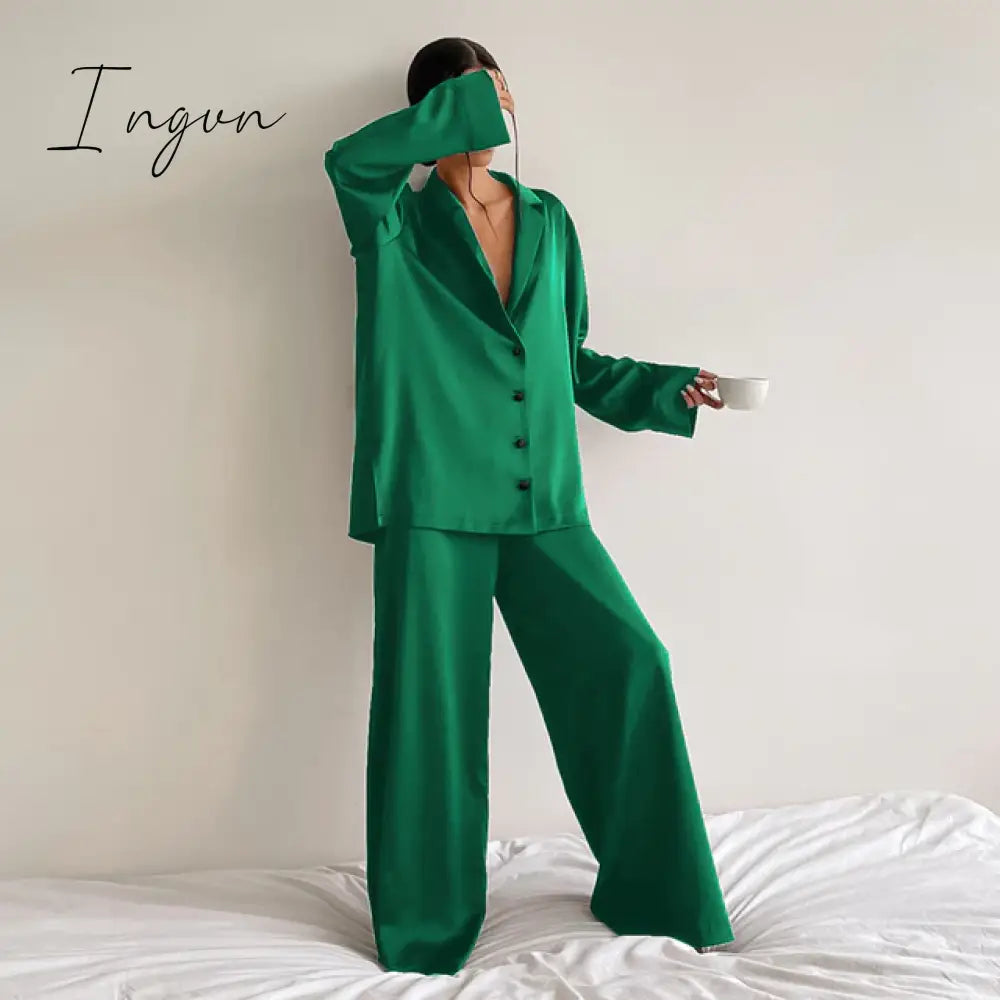 Ingvn - Oversized Satin Silk Sleepwear Low Cut Sexy Pajamas For Women Single-Breasted Long Sleeves Wide Leg Pants Trouser Suits