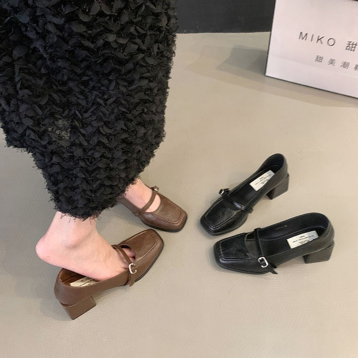 Vintage thick heel evening shoes French single-layer shoes women's shoes new spring and autumn black Mary Jane small leather shoes