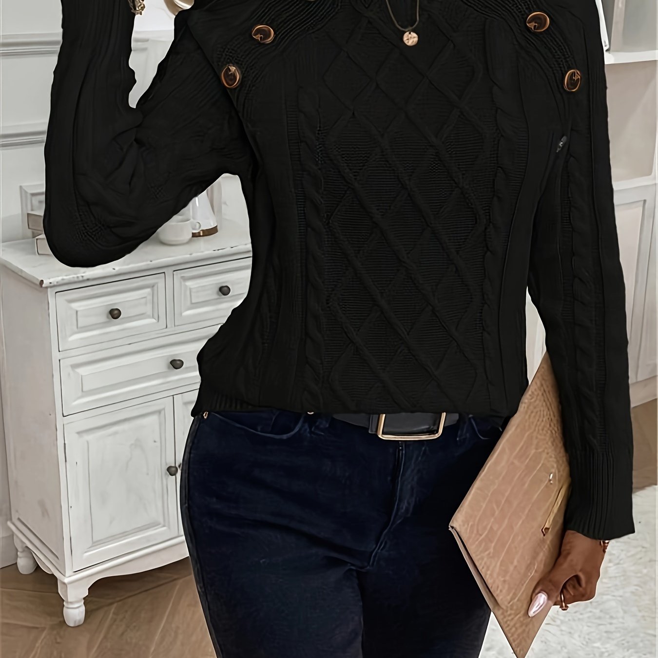 Solid Cable Knit Sweater, Casual Crew Neck Long Sleeve Sweater, Women's Clothing