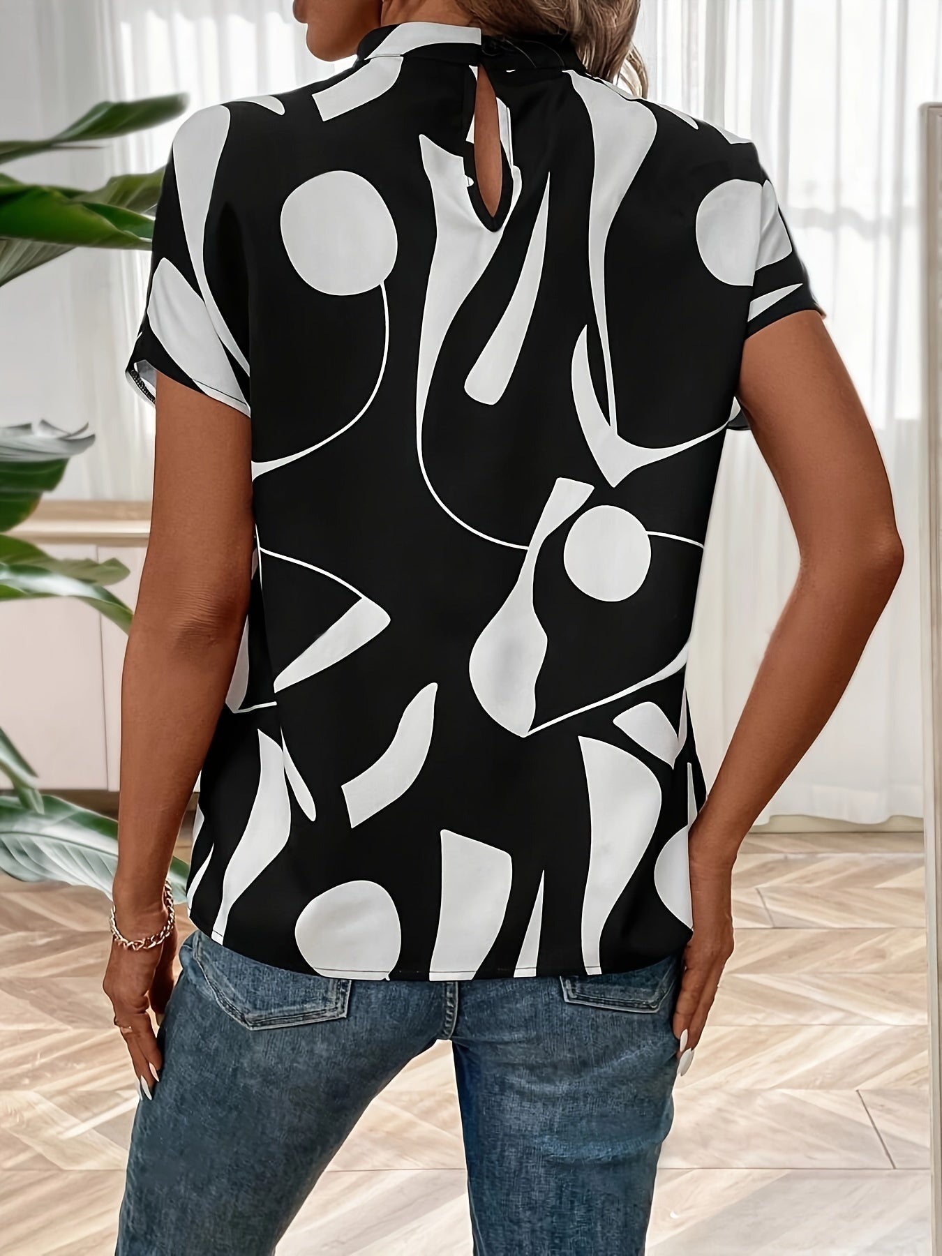 Abstract Print Mock Neck Blouse, Casual Short Sleeve Blouse For Spring & Summer, Women's Clothing