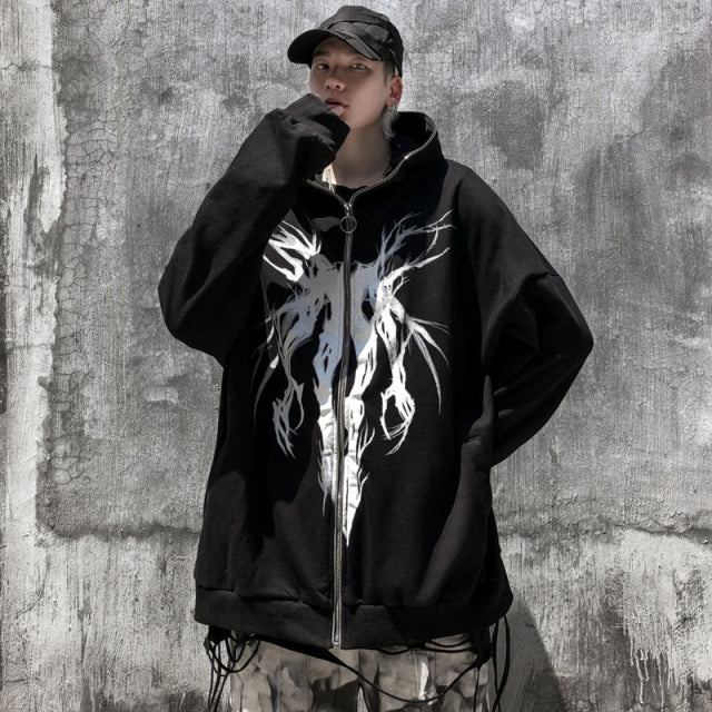 Y2K Retro Dark Gray Butterfly Zipper Hooded Sweatshirt 90s Harajuku Punk Gothic Zip Up Hoodie Long-sleeved Loose Jacket