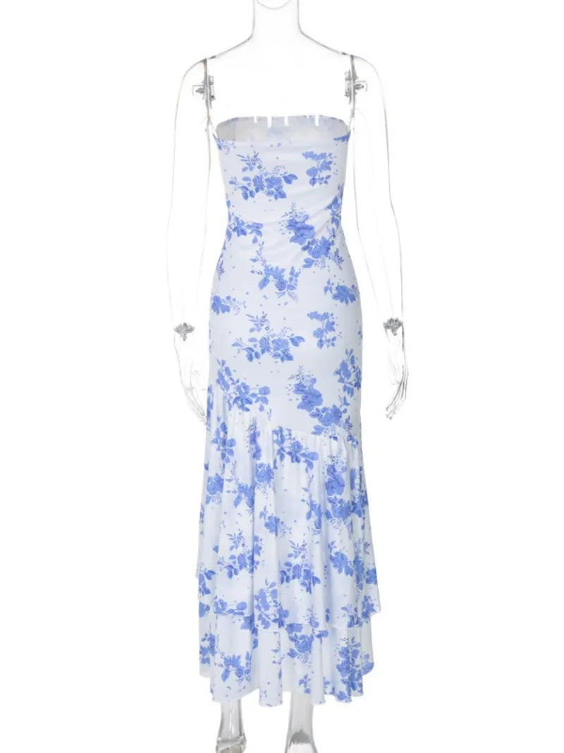 Ingvn  Blue Floral Print Strapless Summer Dresses for Women Sleeveless High Waist Backless Ruffles Irregular Split Evening Party Dress