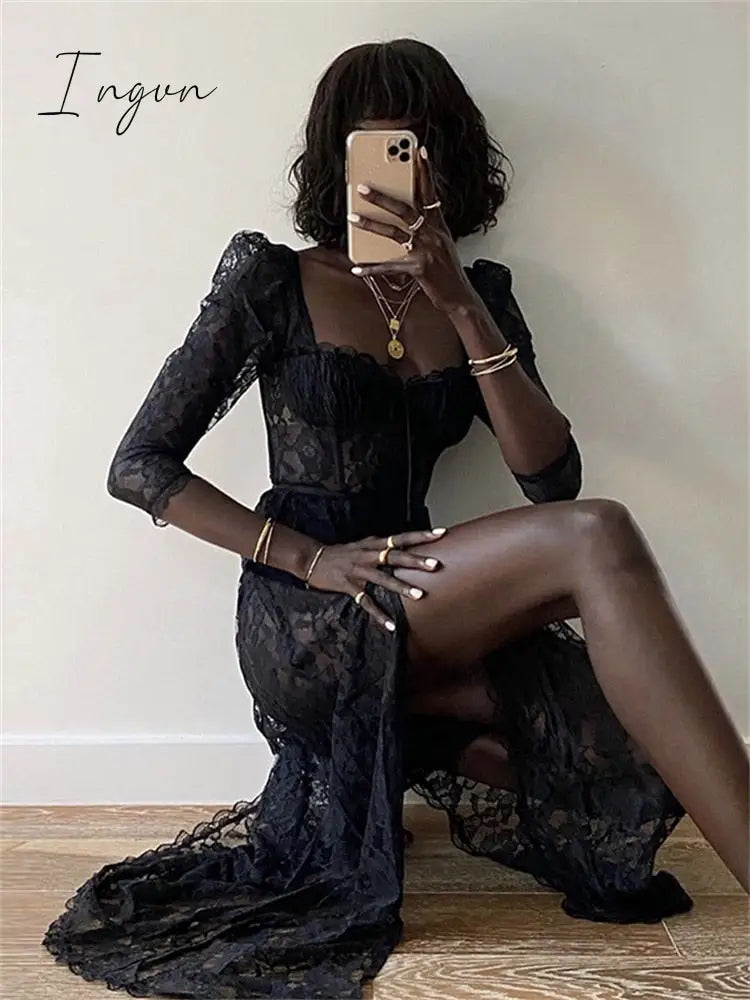 Ingvn - Summer Sexy Party Split Lace Bodycon Woman Maxi Dress Club Square Collar Black Elegant Women's Dresses
