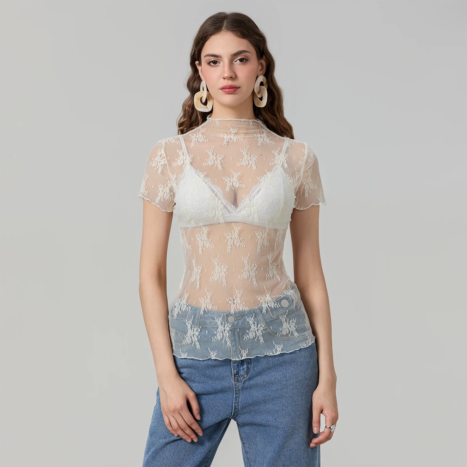 Women Lace Tops Short Sleeve Crew Neck See-through Sheer T-shirt Summer Casual Tee Shirts Clubwear
