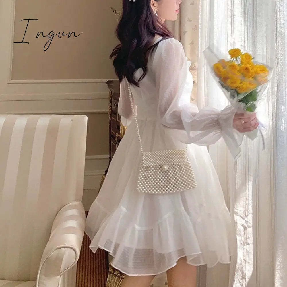 Ingvn - French Sweet Fairy Lolita Dress Women Long Sleeve Lace Y2k Mini Dress Vintage Kawaii Clothes One Piece Dress Korean Autumn