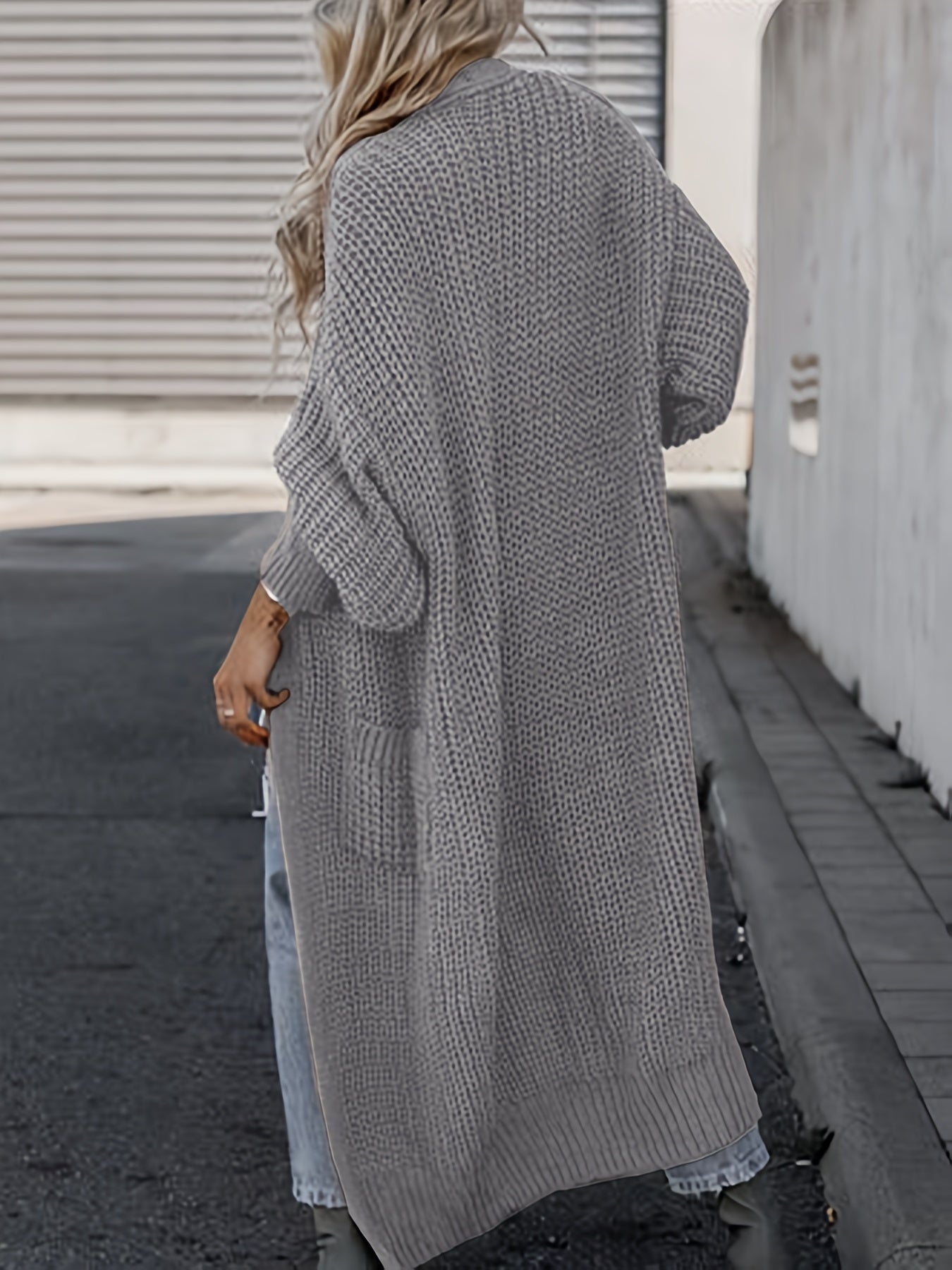 Solid Open Front Pocket Cardigan, Casual Long Sleeve Long Length Sweater For Fall & Winter, Women's Clothing